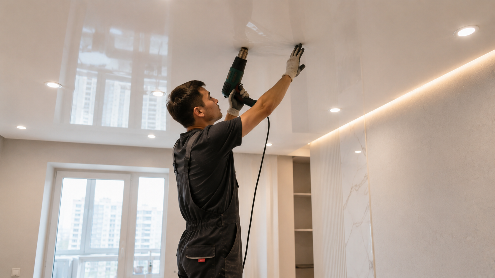 Монтажник в спецовке нагревает полотно тепловой пушкой под глянцевый натяжной потолок со светильниками в квартире в Алматы